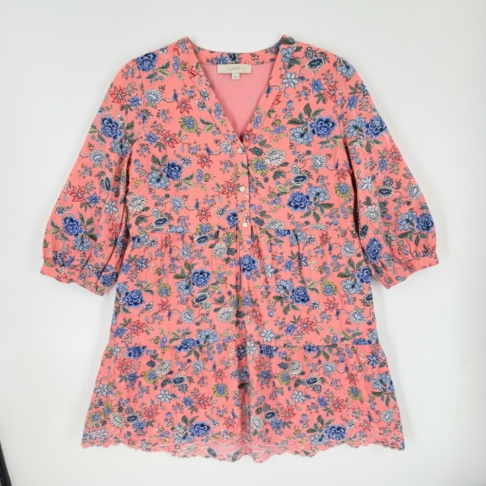 LOFT Floral Tiered Babydoll Dress Coral Pink 100%‎ Cotton 3/4 Sleeve Size 12